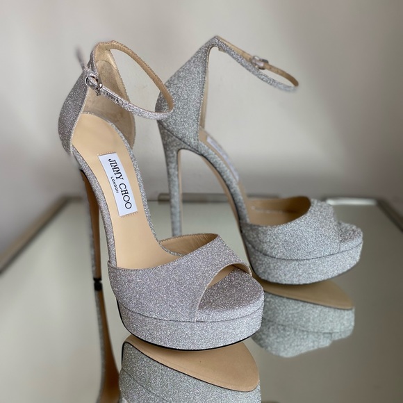 Jimmy Choo Max 150 Metallic Silver Glitter Fabric Platform Stiletto Sandals 39 - Picture 10 of 15